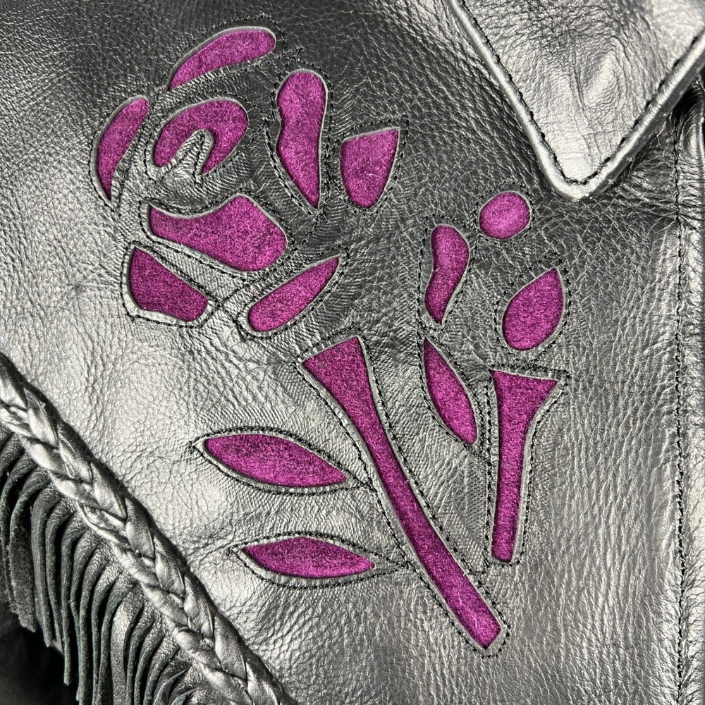 UNIK Leather Fringe Biker Jacket Small Black Purple Rose Inlay Motorcycle Goth - Picture 11 of 15